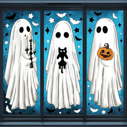 3 Sheets Extra Halloween Ghost Window Clings Cute Extra Large White Ghost for Glass Window Decorations Halloween Bat Cat Pumpkin Window Stickers Decals for Home Office Party Decor