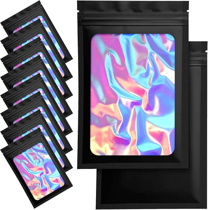 100 Pack Mylar Bags - 6.3 x 9.4 Inch Resealable Smell Proof Bags Foil Pouch Flat Bag with Front Window Black