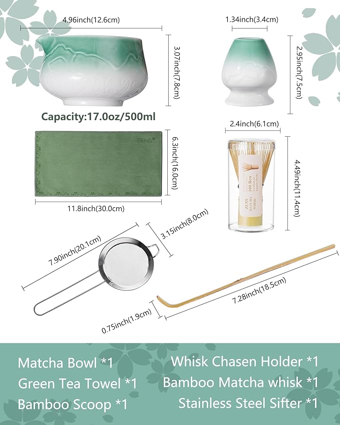 ZENS Matcha Whisk Set, 6Pcs Matcha Set Includes Ceramic Bowl, Bamboo Whisk and Chasen Holder,Scoop, 304 Stainless Sifter & Tea Mat, Matcha Kit for Tea Ceremony, Blue