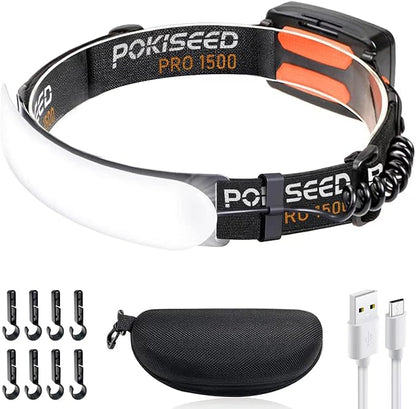 LED Headlamp Rechargeable, Super Bright 1500 Lumens 230° Wide Beam Headlamp, 3 Modes IPX6 Waterproof Lightweight Head Light with Taillight & Clips for Camping, Running,Fishing, Outdoors, Hard Hat Work