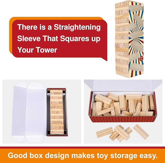 GOTHINK Tumble Tower Game for Kids and Adults, 54pcs Wooden Board Stacking Game for Family Games Night, Classical Wood Blocks Game, Standard Size