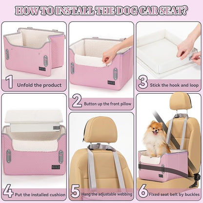PETSFIT Dog Car Seats for Small Dogs, Portable Puppy Car Saet for Car with Clip-On Leash, Adjustable Straps Suitable for Small Pets Up to 25lbs (Light Pink)