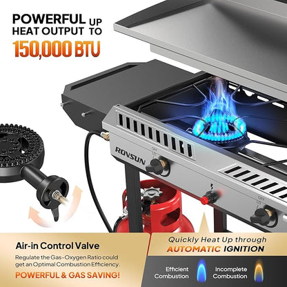 ROVSUN 2 Burner Outdoor Propane Gas Stove with Auto-ignition, Regulator & Shelf, 150,000 BTU Powerful Stand Cooker for Backyard Patio Cooking Home Brewing Canning Turkey Frying