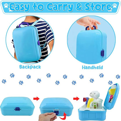 TEUVO Pet Care Playset, 16Pcs Kids Doctor Kit with Plush Dog & Backpack for Dog Grooming & Feeding, Pet Doctor Pretend Play Toys for 3 4 5 6 7 Years Old Girls Boys Birthday