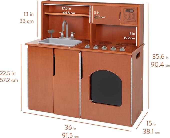 Chef's Station Kids Wooden Pretend Kitchen Playset, Play Kitchen, Dark Walnut