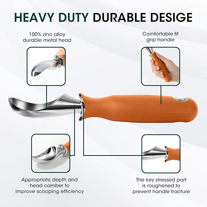 Beneno Heavy Duty Ice Cream Scoop - Upgraded Anti-Fracture Design, Comfortable Grip Long Handle, Effortless Scooping & Dishwasher Safe, Orange