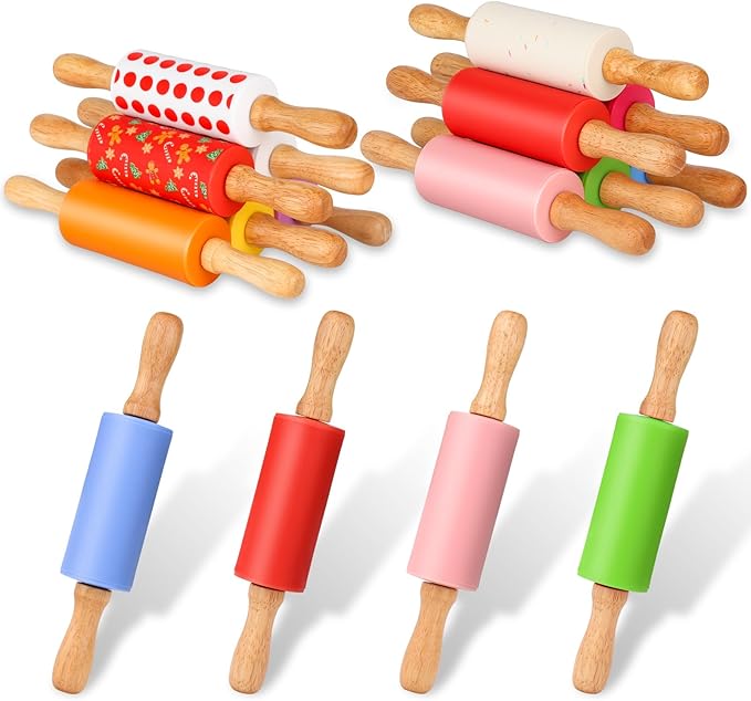 Mini Silicone Rolling Pin for Kids, Non-stick Surface Wood Handle, 9 Inch 16