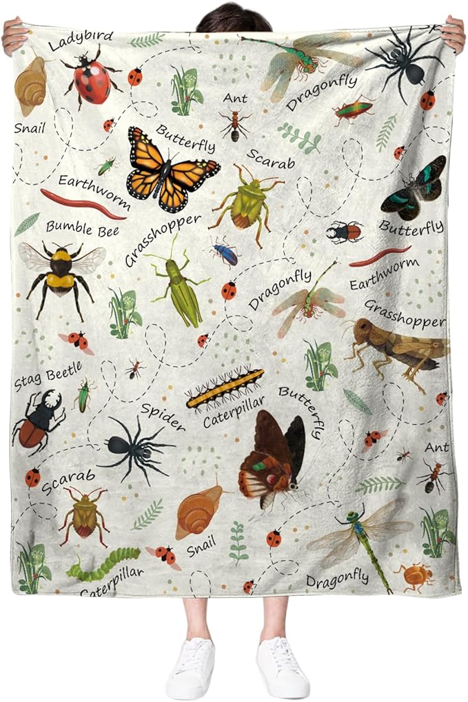 Insects Blanket Gifts for Women, 50"*60" Blanket Gift for Boys Girls Birthday Christmas Thanksgiving, Insect Bug Decor, Entomology Gifts for Kids Who Love Bugs