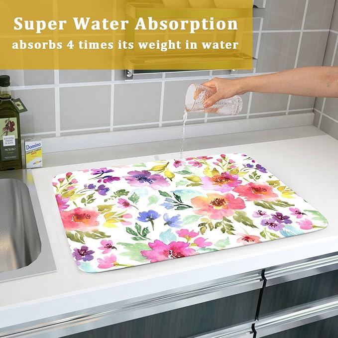 Spring Floral Dish Drying Mat for Kitchen Counter Flower Microfiber Absorbent