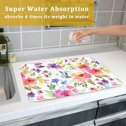 Spring Floral Dish Drying Mat for Kitchen Counter Flower Microfiber Absorbent