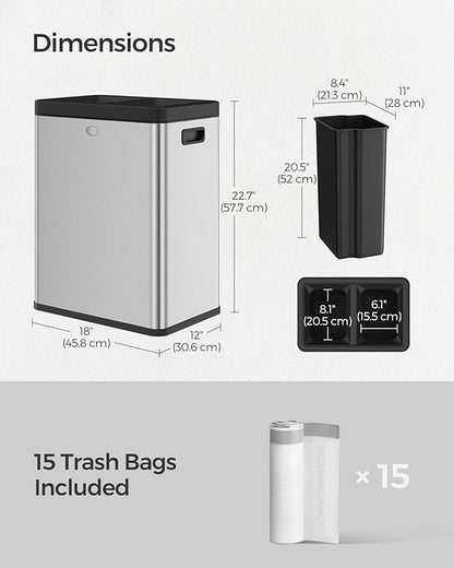 SONGMICS 2 x 6.6 Gallon Open Top Trash Can, Dual Compartment Garbage Can