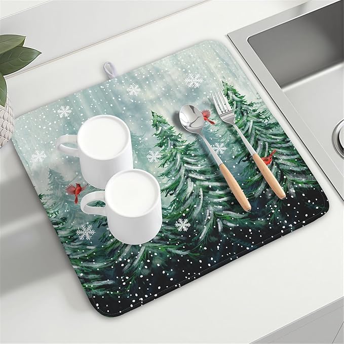 Welcome Winter Pines Tree Dish Drying Mat, Winter Snowflake Dish Drying Mat