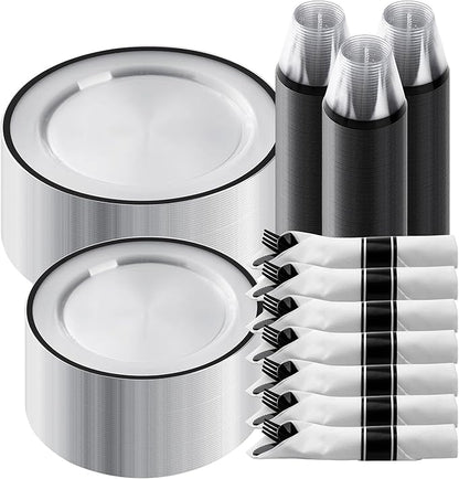 Goodluck 350 Piece Black Plastic Dinnerware Set for Party, Clear Disposable Plates for 50 Guests, Include: 50 Dinner Plastic Plates, 50 Dessert Plates, 50 Pre Rolled Napkins with Cutlery Set, 50 Cups