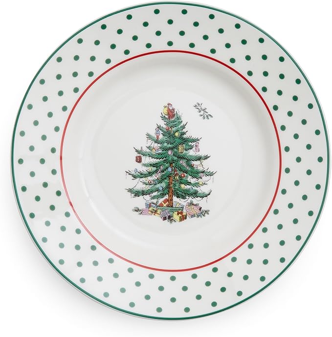 Spode Christmas Tree 6" Polka Dot Tidbit Plates (Set of 4) - Round Appetizer Plates with Festive Polka Dot Border - Dishwasher, Microwave & Freezer Safe Porcelain for Holiday Entertaining