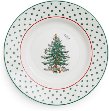Spode Christmas Tree 6" Polka Dot Tidbit Plates (Set of 4) - Round Appetizer Plates with Festive Polka Dot Border - Dishwasher, Microwave & Freezer Safe Porcelain for Holiday Entertaining