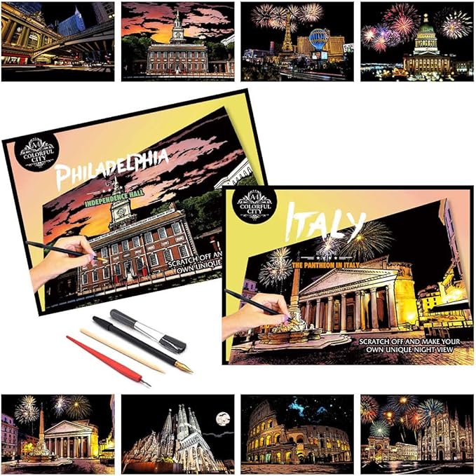 Scratch Art for Adults(8 Sheets A4),Family Creative DIY Painting Papers for Travel Lovers,Craft Lovers|Creative Scratch Art Adult (Philadelphia/Italy) by Iskueal