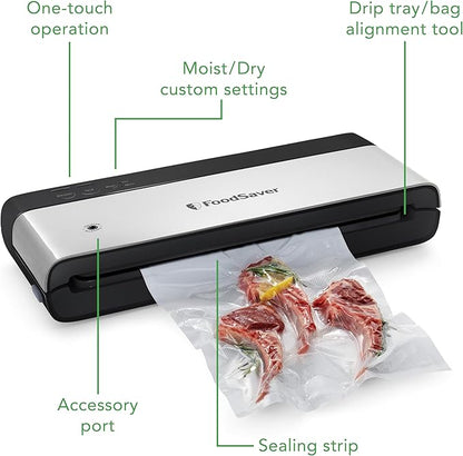 FoodSaver PowerVac Compact Vacuum Sealing Machine Stainless Steel & Black Vertical Storage VS0150 | Preserves freshness reduces bag waste for both dry and wet food