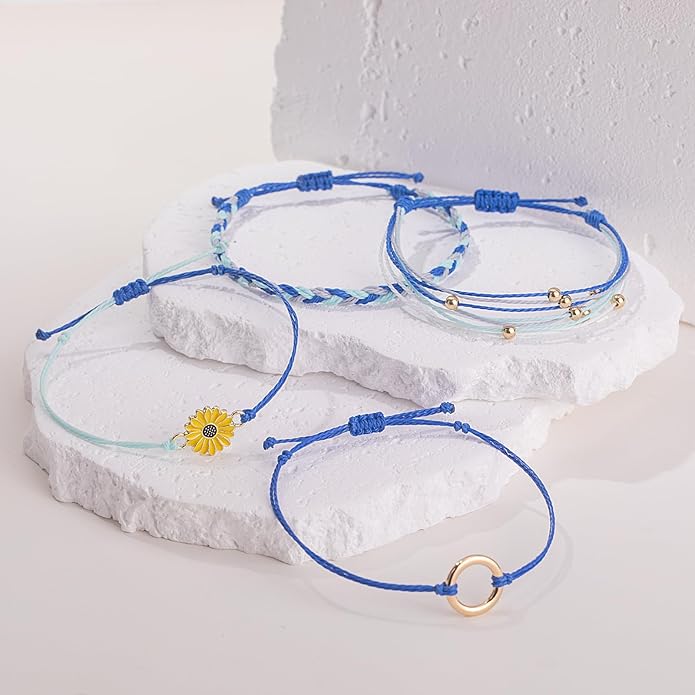 FANCY SHINY Sunflower String Bracelet Boho Braided Rope Wrap Bracelets Cute Summer Beach Surfer Jewelry for Women Christmas Gifts
