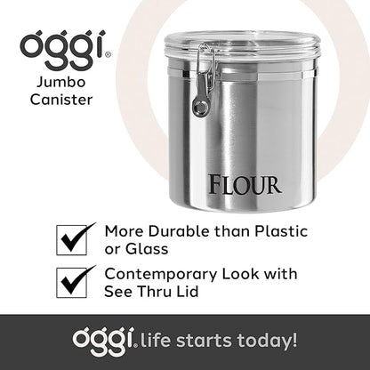 Oggi Jumbo 8" Stainless Steel Flour Clamp Canister - Airtight Food Storage Container Ideal for Kitchen & Pantry Storage of Flour or other Bulk, Dry Foods.