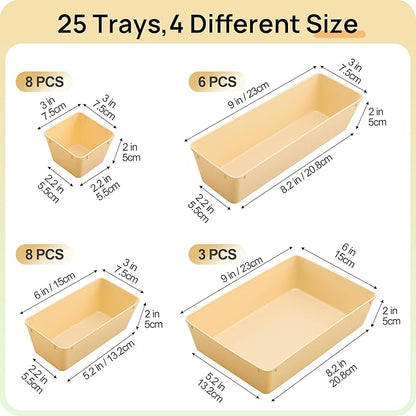 Vtopmart 25 PCS Plastic Drawer Organizers Set, 4-Size Versatile Bathroom and Vanity Drawer Organizer Trays, Storage Bins for Makeup, Bedroom, Kitchen Gadgets Utensils and Office