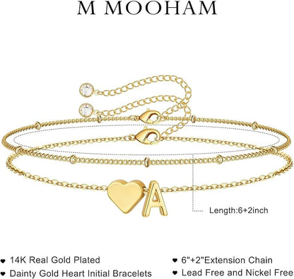 M MOOHAM Initial Heart Bracelets for Women - Layered Dainty 14K-Gold-Plated Heart Letter A-Z Charm Bracelets for Women, Chain Link Charm Bracelets Beaded Bracelets Birthday Gifts Womens Jewelry