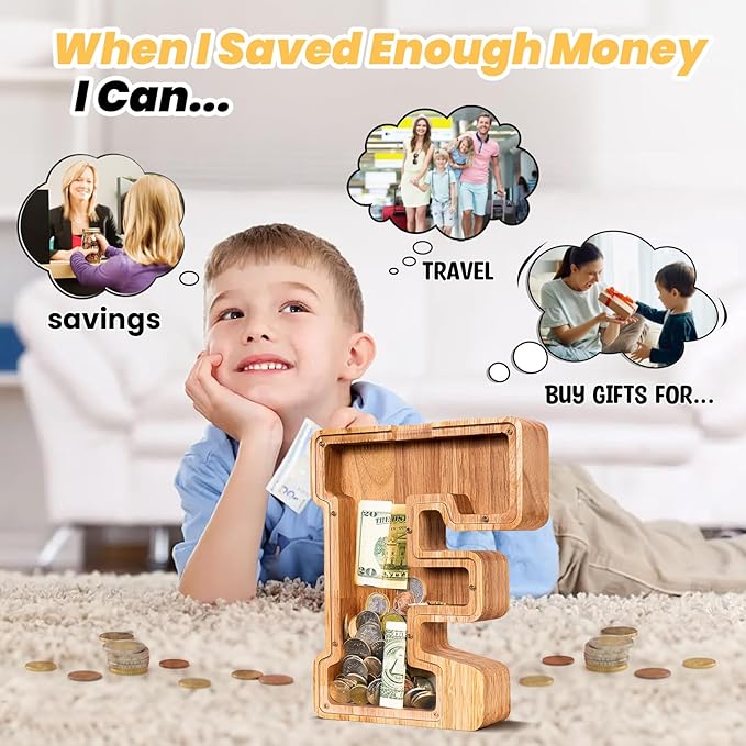 KMC Wooden Letter Piggy Bank, Personalized Initial Piggy Bank for Kids Boys, Clear Alphabet F Wood Money Box, Unbreakable Coin Saving Jar, Birthday, for Children