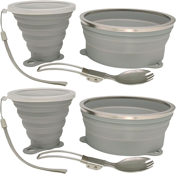 Mess Kit for Camping Silicone Collapsible Bowl Collapsible Cup and Stainless Steel Spoon for Backpacking Outdoor Hiking Traveling and Picnic - 2 Pack