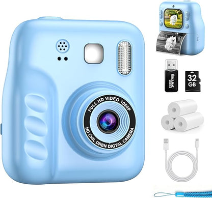 Kids Instant Print Camera, 1080P HD Kids Camera Instant Print, Includes 32GB SD Card, Adapter & 4 Zink Paper Rolls, Best Christmas or Birthday Gift for Girls Boys Age 3-12（Blue）