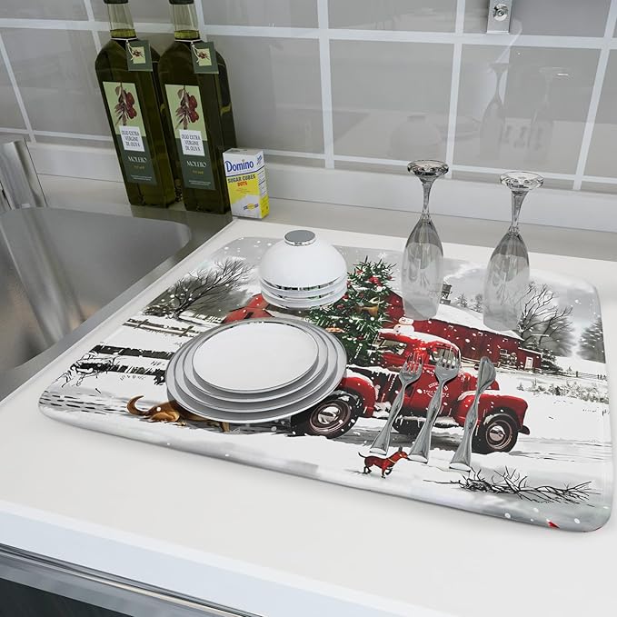 Red Truck Christmas Dish Drying Mat