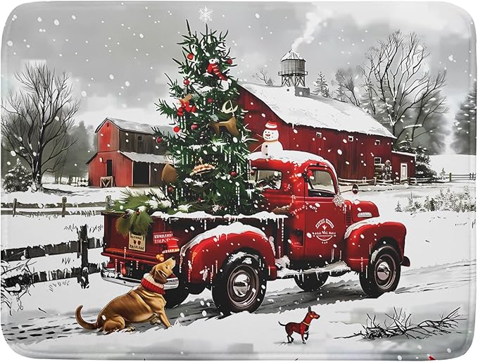 Red Truck Christmas Dish Drying Mat
