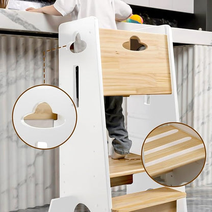 COSYLAND Toddler Standing Tower Adjustable Height - Super Stable Kids Kitchen Stool Helper - 3 Levels Adjustable Wooden Toddler Kitchen Stool (Natural & White)