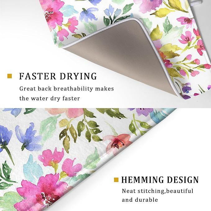 Spring Floral Dish Drying Mat for Kitchen Counter Flower Microfiber Absorbent