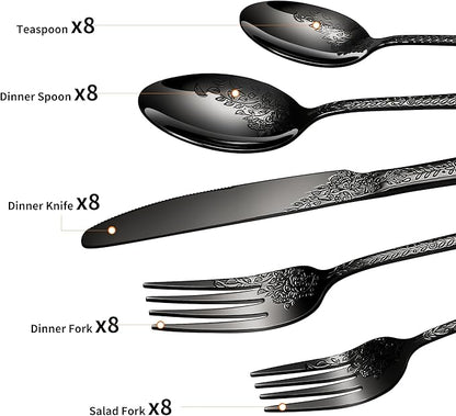 Floral 40 Pcs Black Silverware Set for 8, Food Grade Stainless Steel Flatware Set with Rose Flower Embossed Design, Eating Utensils Sets Include Fork/Knife/Spoon, Reusable Cutlery Set, Dishwasher Safe