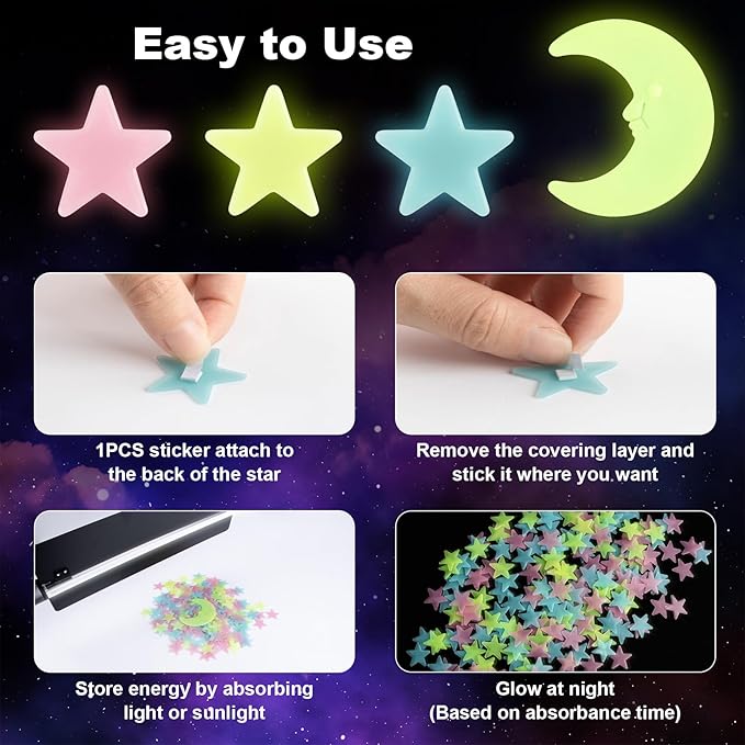 MAQIHAN 200 Glow in The Dark Stars for Ceiling - Glowing Stars and Moon Stickers Estrellas que brillan en la oscuridad para el techo de cuarto Plastic Space Galaxy Decals Bedroom Wall Decorations
