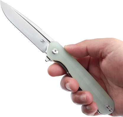 KANSEPT Qilin Pocket Knife, 3.24'' Stonewashed 154CM Sharp Blade, Jade G10 Handle for Edc, Flipper and Liner Lock with Double-Sided Clip, Men Camping Survival Folding Knives K1047A5