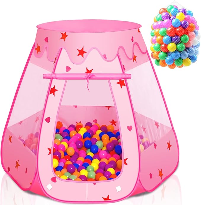 Baby Ball Pit for Toddler with 150 Balls, Kids Pop Up Play Tent for Girls, Princess Toys for Children Indoor & Outdoor Playhouse with Carry Bag (Pink: 7 Bright Colors, 109x90cm/150 Balls)