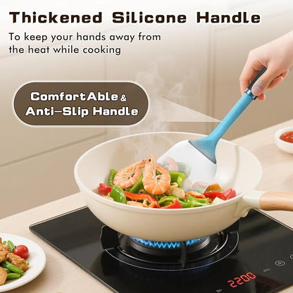 4 Pcs Cooking Utensils Set, Stainless Steel Kitchen Utensils, Heat Resistant Metal Kitchen Tools Include Solid & Slotted Turner Wok Spatula, Serving Spoon, Ergonomic Handle, Easy to Clean, Silver