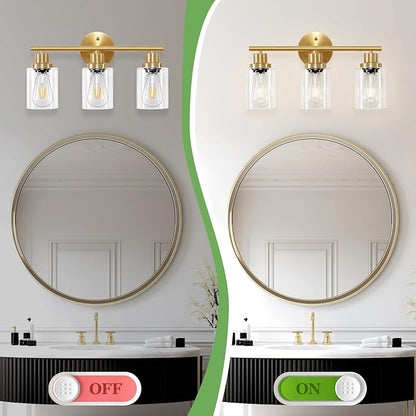 Guliaofo 3-Light Brushed Gold Vanity Lights, E26 Modern Bathroom Light Fixtures