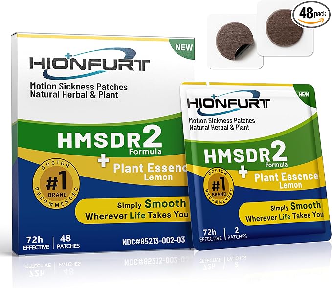 Hionfurt HMSDR2 48ct Motion Sickness Patches with Plant Essence – Lemon – Sea Sickness Patches for Cruise, Car, Airplane – Non-Drowsy, 72H Lasting