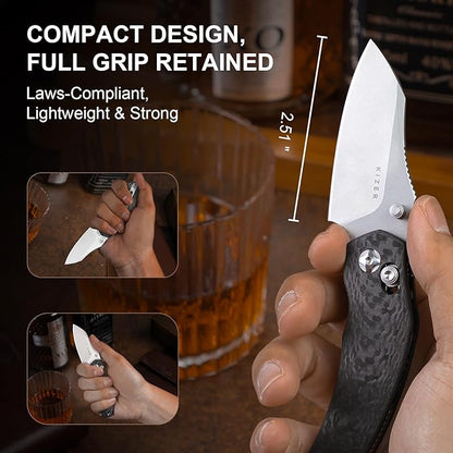 Kizer Mini Bulldog Pocket Knife, 2.5??S45VN Sheepsfoot Blade Folding Knife, Carbon Fiber Handle Clutch Lock Small EDC Knife for Men Women Gift, Camping Hunting Knives Ki3672SA3