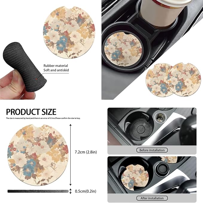Retro Peony Car Seat Cover Set of 10, Classical Retro Peony Flower Automotive Rear Front Seat Protector Car Interior Cover, Nordic Ditsy Floral Safety Belt Coaster Keychain