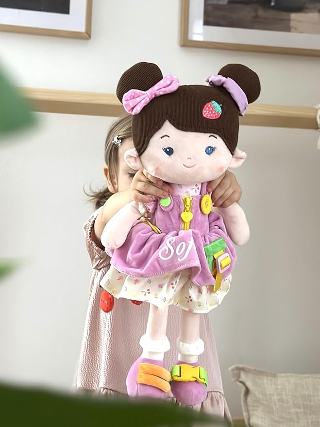 LeyaDoll Educational Soft Baby Doll(16''), Learning Sensory Doll for Toddlers, Montessori Toys for 2-Year-Old Girls Christmas, Birthday Gifts, Plush Doll with Zipper, Shoelace, Button-Busy Jucy Girl