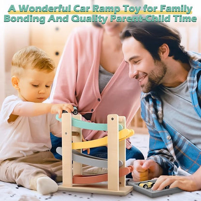 Car Ramp Toys for One Year Old Boy Birthday Gifts, Wooden Montessori Toys for 1 2 Year Old, Race Track Truck Toy with 4 Mini Cars/1 Parking Lot, First Christmas Birthday Gifts for Toddlers 1-3-2-4