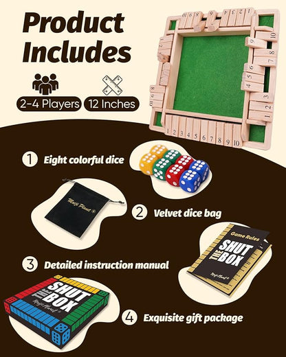 12" Upgraded Shut The Box Game, Math Dice Board Game for Family Night Classroom Travel, Wooden Table for Group Kid Adult Senior, Travel Party Bar, Easy Quick and Fun, 2-4 Players