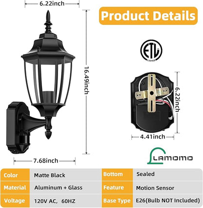 Lamomo Outdoor Wall Sconce, 2 Pack Dusk to Dawn Motion Sensor Light Fixtures