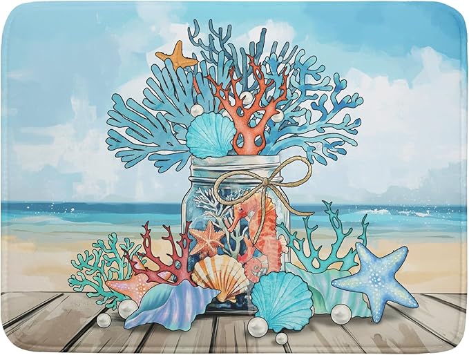 Coastal Coral Dish Drying Mat 18x24 inch Starfish Shell Fast Dry Microfiber