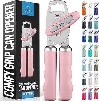 Zulay Kitchen Heavy Duty Stainless Steel Can Opener Manual with Bottle Opener - Rust Proof Manual Can Opener With Turn Knob & Comfy Soft Grip Handles - Light Pink