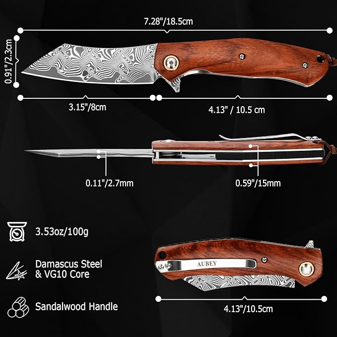 AUBEY Pocket Knife for EDC, 3.15" VG10 Core Damascus Steel Blade Folding Knife with Wood Handle, Liner Lock, Clip, Gift/Collection for Men Women
