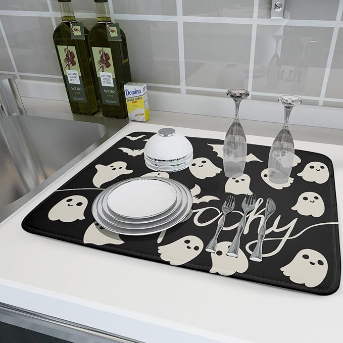 Halloween Dish Drying Mat for Kitchen Counter 18x24 Cute Ghost Black Spooky
