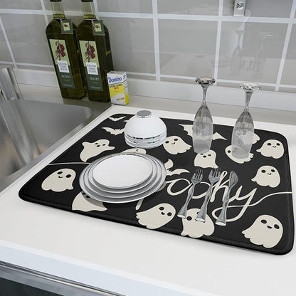 Halloween Dish Drying Mat for Kitchen Counter 18x24 Cute Ghost Black Spooky